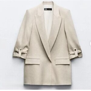 ZARA Women's Beige Open Front Blazer Roll-Up Sleeves Linen Blend Size XS Casual